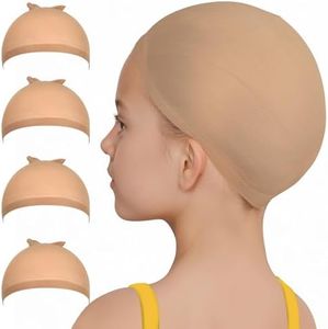 Fandamei Wig Cap, 4PCS Wig Cap for Kids Light Brown, Nylon Wig Caps for Kids. Stretchy Stocking Caps for Wigs, Kids Wig Cap Natural for Halloween, Cosplay. Small Wig Cap for Kids, Baby.