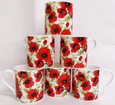 Red Poppy Mugs Set 6 Fine Bone China Balmoral Poppies Cups Hand Decorated UK