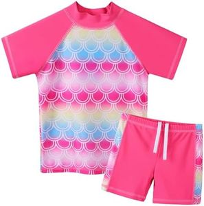 ZNYUNE Niña Traje de Baño Impreso 2 Piezas Top Manga Corta + Shorts S471 RosaSirena 6A