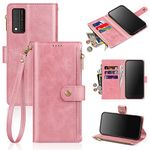 Antsturdy for T-Mobile Revvl V+/V Plus 5G Wallet Case [RFID Blocking] PU Leather Folio Flip Protective Cover with Wrist Strap [Zipper Poket] Credit Card Holder Kickstand Function Men Women,Rose Gold