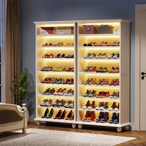 Tribesigns 9-Tier Shoe Storage Cabinet with LED Lighting, 30 Pairs Narrow Tall Freestanding Shoes Cabinet, White Wood Entryway Shoe Organizer with Solid Wooden Legs for Closet (2, White)