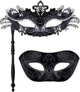 SIQUK 2 Piezas Máscara Veneciana Máscara Mascarada Parejas Mujer Hombre Máscaras de Disfraces Máscara de Mascarada con Palo Media Cara Máscara para Carnaval Halloween, Negro