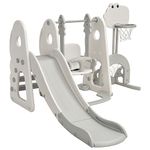 Maxmass Toddler Slide and Swing Set, Children Playground Playset with Basketball Hoop, Long Slide and Climb Ladder, Indoor Outdoor Kids Play Area for Boys Girls（Grey+White）