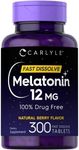 Carlyle Melatonin 12 mg Fast Dissolve 300 Tablets | Drug Free | Natural Berry Flavor | Vegetarian, Non-GMO, Gluten Free