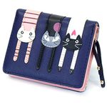 Mini Faux Leather Bifold Cute 3 Cat Zipeer Clutch Wallet Handbag for Women Girls Christmas Gifts for Kidss (Navy Blue)