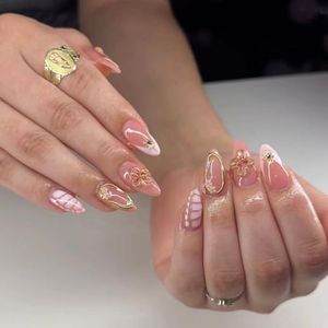 Yamobi 24 Pièces Press On Ongles French Ongles Artificiels Courts avec Gel Doux, Courtes Ongles en Amande, Faux Ongles avec Fleurs et Perles 3D, Ongles Adhésifs pour Femmes