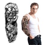 S.A.V.I Full Arm Tattoo, Full Sleeve Arm Tattoo For Men, Broken Clock, Lion, Wolf Tattoo For Girls Women, Temporary Tattoo Sticker, Size 48x17CM