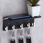 Plantex Stainless Steel Home Key Holder for Wall with Mobile Phone Stand/Key Stand/Multipurpose Key Holder/Shelf with 5 Key Hooks - Wall Mount (Black)