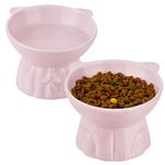 Ceramic Elevated Cat Bowls, 2 Extra Wide Raised Cat Bowls for Food and Water, Shallow Cat Food Dish Whisker Friendly, Anti Vomit Cat Bowls Microwave and Dishwasher Safe, Great Height for Cat (Pink)