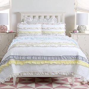 Cozy Line Home Fashions Light Yellow Blue Ruffle Stripe Floral 100% Cotton Reversible Girl Quilt Bedding Set, Reversible Coverlet Bedspread for All Season (California Dreaming, Twin-2 Piece)