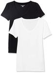 Amazon Essentials Women's Slim-Fit Short-Sleeve V-Neck T-Shirt, Pack of 2, Black/White, XXL