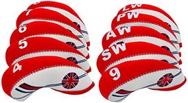 FLTRADE 10pcs/set Golf Iron Covers Head covers UK Flag Patterned Protective Case Headcover For Most Irons Brand Titleist Callaway Ping Taylormade Cobra Etc,White & Red