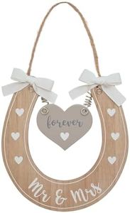 Wedding Horseshoe Gift - 'Mr & Mrs' with 'Forever' Hanging Love Heart - Wooden Horseshoe - Good Luck Gift Decorated with White Hearts & Bow Ribbons