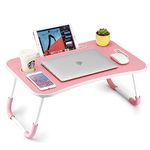 FISYOD Foldable Laptop Table, Portable Lap Desk Bed Table Tray, Laptop Stand with Cup Holder & Tablet Slot & Lifting Handle for Working Writing Drawing & Eating (Pink)