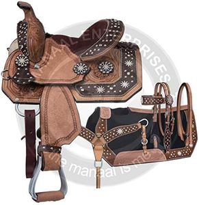 HORSE SADDLERY IMPEX Youth Child Premium Leather Western Barrel Racing Trail Equestrian Pony Miniature Horse Saddle Tack + Headstall, Breast Collar, Reins & Saddle Pad Size 10 to 12 (12, Colour_03)