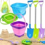 7PCS Beach Sand Pails Toy with Collapsible Buckets, Big Sand Shovels for Kids, Mesh Shell Bag, Multi Purpose for Beach Play,Foldable Bucket Portable Buckets Set(3 Buckets+3 Shovels+Mesh Bag)