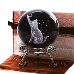 ZEERSHEE 60mm 3D Cat Crystal Ball Figurine Glass Laser Engraved Cat Moon Star Crystal Ball with Stand Glass Sphere Paperweights Cat Gifts for Cat Lovers Women