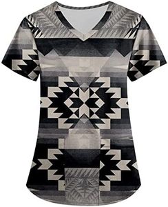Scrub Shirts for Women,Plus Size V Neck Scrub Shirts Aztec Printed Medical Uniform T Shirts Short Sleeve Nurse Workwear with Pocket Dark Gray 3XL