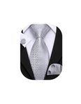 Barry.Wang Silver Tie Set Retro Geometric Pattern Silk Necktie Pocket Square Cufflinks Formal Wedding