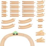 Wooden Train Tracks 24 Piece Set, Track Expansion and 9 Distinct Pieces - 100% Compatible with All Major Brands Including Thomas Wooden Railway System