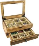 EXCELLO GLOBAL PRODUCTS Jewelry Box: Farmhouse Solid Wood Rustic Distressed Jewelry Organizer. Includes Glass window and Storage Drawer.