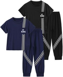Fdqin Boys Clothes Summer Outfit Casual Short Sleeve Tops Pants 4 Piece Outfit for Kids 3-12 Years