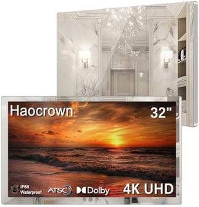 Haocrown 32" 4K Ultra HD Smart Bathroom Mirror TV, IP66 Waterproof, Android 13 OS Built-in Voice Assistant (Remote with Mic), ATSC Tuner, 500 cd/㎡ High Brightness (Sliver Frame, 2025 Model)