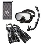 Reef Tourer Adult Single-Window Mask, Snorkel and Fin Traveling Set, Black, Medium (4-9)