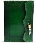 10" Leather Journal with Lock Writing Pad Blank Notebook Handmade Notepad Men & Women Unlined Paper Best Present Art Sketchbook Travel Diary to Write Book of Shadow Refillable Grimoire Green