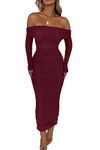 PRETTYGARDEN Women's Fall Off Shoulder Maxi Bodycon Dress Long Sleeve Ruched Sexy Club Dresses with Slit (Wine Red,Small)