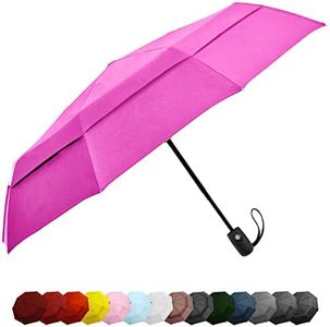 Windproof Travel Umbrellas for Rain - Lightweight, Strong, Compact with & Easy Auto Open/Close Button for Single Hand Use - Double Vented Canopy for Men & Women - Pink