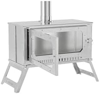 Festisoul Foldable Stainless Steel Wood Burning Stove, Portable Hot Tent Stove for Camping with View Glass, 5 Chimney Pipes, Outdoor Shelter Heating and Cooking for Camping, Hunting