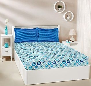 Amazon Brand - Solimo Mystic Drops Printed 144 TC 100% Cotton Double Bedsheet with 2 Pillow Covers, Blue