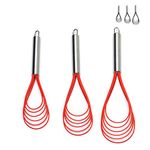 Flat Whisk Set,Stainless Steel 3 Pack 10''+11''+12'' Premium Sturdy-6 Silicone Heads Non Stick Wires Whisk for Blending Beating Stirring Kitchen Cooking Color Red by Jell-Cell