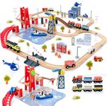 Giant bean 117 Pcs Busy Port City Train Set for Kids- Expandable & Changeable Wooden Train Track Set Toddler Toy, for Boys & Girls Ages 3+, Fits Most Brands