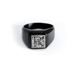 Black IP Plated Stainless Steel Letter R Alphabet Initial Floral Box Monogram Engraved Square Flat Top Biker Style Polished Ring, Size 7