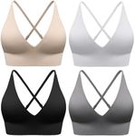 Evercute Women's Sports Bras Adjustable Deep V Neck Bras Wireless Spaghetti Strap Criss Cross Padded Low Support Sexy Bras, Black White Gray Flesh 4 Pack, Large