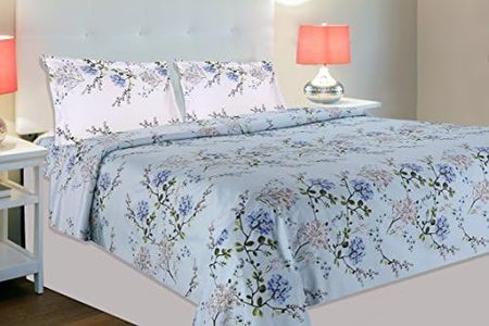 haus & kinder 100% Cotton Queen Size Bedsheet for Double Bed, 1 Cotton Bed Sheet Double Bed (90 X 100 Inches) with 2 Pillow Covers | 186 TC Bed Sheet Double Bed | Victorian Summer Dream (Blue)