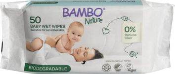 Bambo Nature Biodegradable Wet Wipes, Newborn Essentials, Eco-Labelled Baby Wipes, Gentle & Soft Wipes, Moisturising & Skin-Friendly Wet Wipes, 100% Biodegradable, Baby Essentials - Pack of 50 Wipes