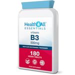 Health4All Vitamin B3 Nicotinamide (Niacinamide) 500mg 180 Tablets (V) Vegan. No-Flush Niacinamide. Made in The UK