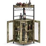 GiantexUK Corner Bar Cabinet, Industrial Wine Cabinet with Glass Holders, Adjustable Shelf & Mesh Doors, Anti-Slip Storage Display Rack for Kitchen, Living Room and Dining Room, Rust Brown