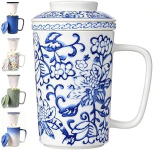 Foinly Ceramic Tea Mug with Infuser and Lid,16oz Porcelain Loose Leaf Tea Cup with Large Handle,Metal-Free Filter,Microwave &Dishwasher Safe,Perfect for Tea,Coffee (Classic Blue and White)