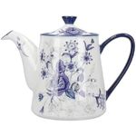 London Pottery Blue Rose Ceramic Teapot, 4 Cup / 900 ml, Almond Ivory/Blue