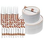 350 Piece Rose Gold Dinnerware Party Set - 50 Guest - 100 Rose Gold Rim Plastic Plates - 50 Pre-Rolled Linen-Feel Napkins with Spoons, Forks, Knives - 50 Rose Gold 10 OZ Plastic Cups