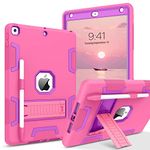 BENTOBEN for iPad 9th Generation Case, iPad 8th Generation Case, iPad 10.2 2021/2020/2019 Case, 3 in 1 Heavy Duty Rugged Shockproof Kickstand Hybrid Protective Cover with Pen Holder, Hot Pink/Purple