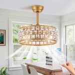 EEHTITH 18'' Caged Ceiling Fans with Lights and Remote Control，6 Speeds Reversible Modern Bladeless Fandelier Ceiling Fan, Gold Crystal Indoor Small Chandelier Fan Light for Bedroom Dining Room