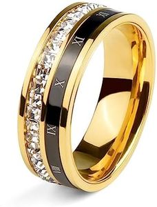 18K Gold Plated Roman Numeral Cubic Zirconia Ring for Women, Square CZ Gold Rings for Men, Spinner Silver Mens Rings Stainless Steel Size 5-13 (Gold Zirconia Ring, 9)