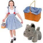 Dorothy Costume with Dog In Basket For Girls - XLarge - Gingham Dress + Matching Hair Ties + Small Grey Dog In Basket - Kansas Girl World Book Day Fancy Dress Costume