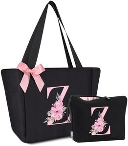 Vavabox Tote Bag, A-Z Initial Monogrammed Waterproof Tote Bag, Bridesmaid Gifts for Women, Black and Pink (Z, Black Set)
