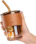 HEJISUN Glass Coffee Sipper with Lid and Glass Straw 400ML Glass Tumbler for Iced Tea,Smoothie, Cocktail Heat Resistant with Anti-Slip Leather Sleeve Pack of 1 (Amber)